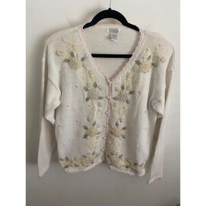 Sellecca Vintage Floral Embroidered Beaded Pearl Cardigan Sweater Cream Pink M